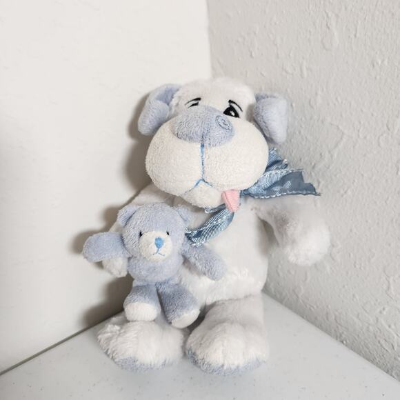 Petting Zoo White Puppy Dog with Sad Eyes Holding a Teddy Bear Plush Stuffed - Picture 1 of 8